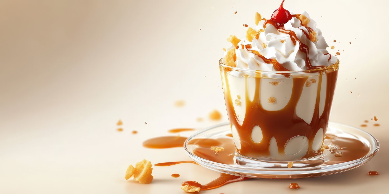 Delicious caramel sundae topped with whipped cream and a cherry served in a glass cup on a smooth surface